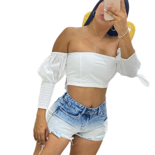 Damen Crop Top mit Puffärmeln und elastischen Details EB