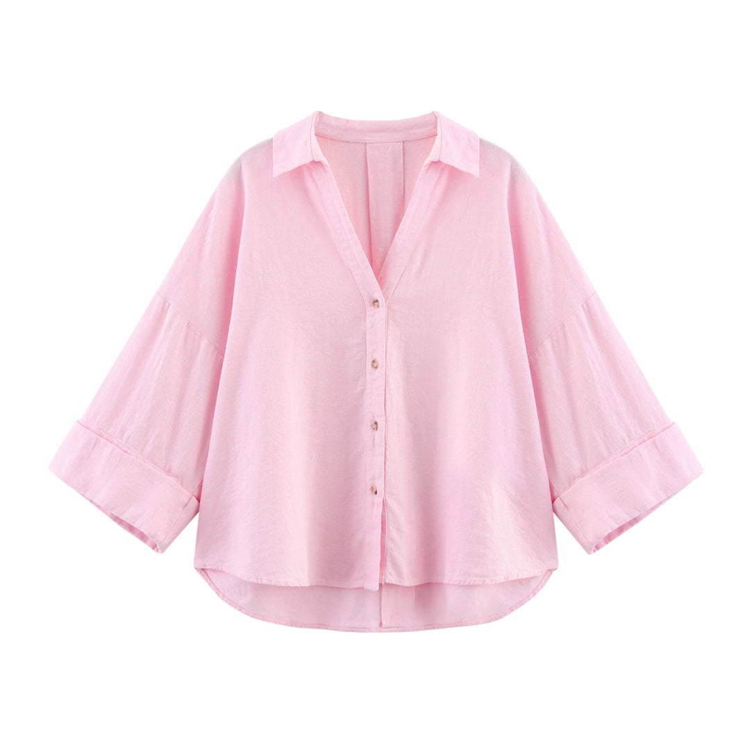Damen lässige Bluse mit voluminösen Ärmeln und durchgehender Knopfleiste EB