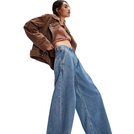 Damen nan hochgeschnittene Denim-Palazzohose mit markanten Bundfalten und extra weitem Bein EB