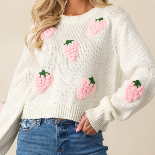 Damen Strickpullover mit Erdbeer-Applikationen und lässigem Schnitt EB