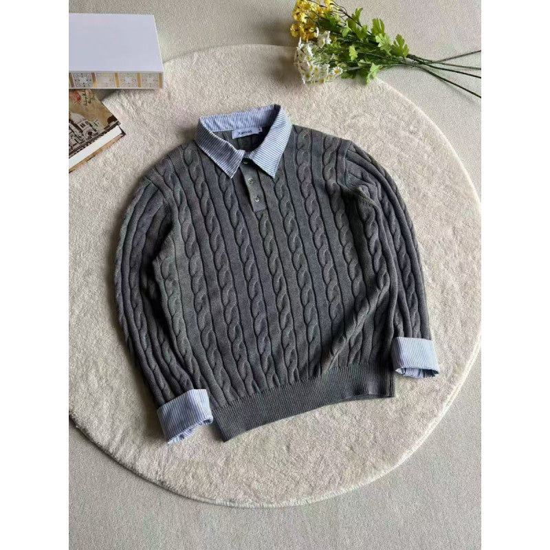 Damen nan gestrickter Polo-Pullover mit Zopfmuster und eingesetztem Hemdkragen EB