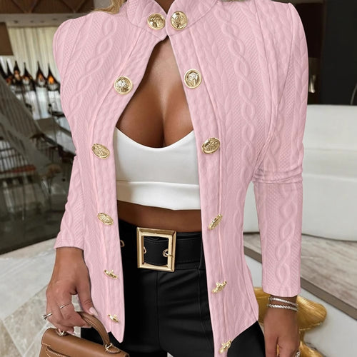 Damen Eleganter Strickblazer mit goldenen Knöpfen und Stehkragen EB