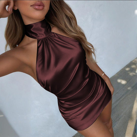 Damen kurzes Satin-Halterkleid mit raffiniertem Wickeldesign EB
