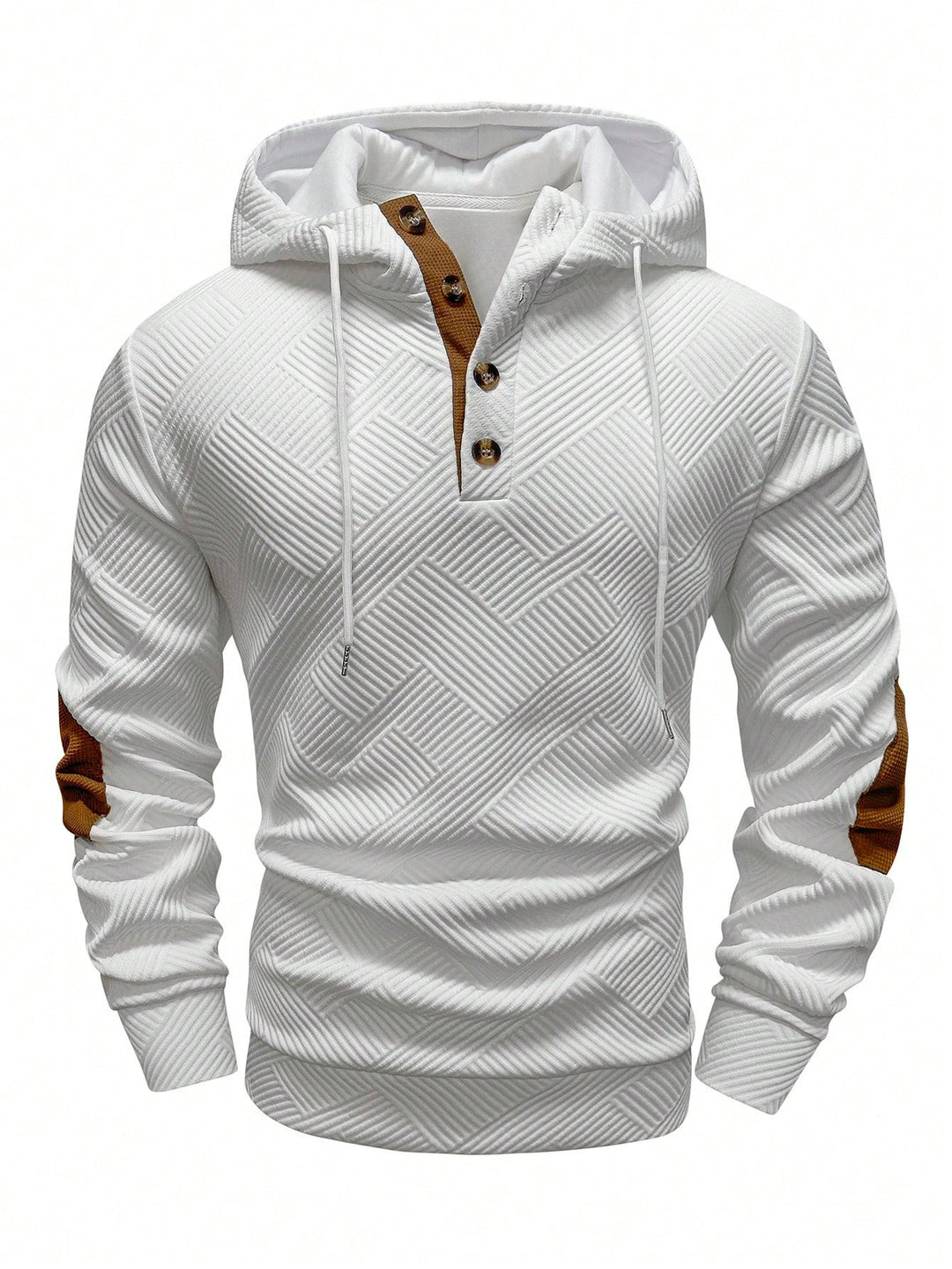 Herren nan strukturierter Kapuzenpullover im Henley-Stil mit Kontrastbesatz und Ellenbogenaufnähern EB