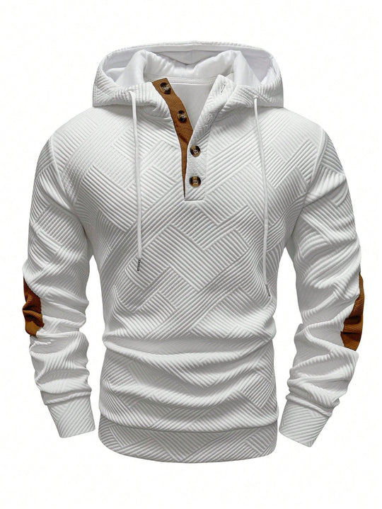 Herren nan strukturierter Kapuzenpullover im Henley-Stil mit Kontrastbesatz und Ellenbogenaufnähern EB