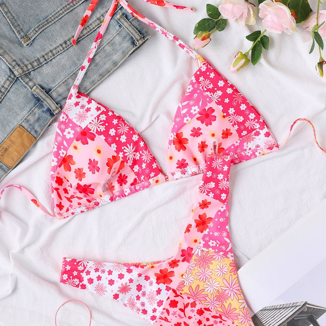 Damen Triangel-Bikini mit floralem Design und hohem Beinausschnitt EB