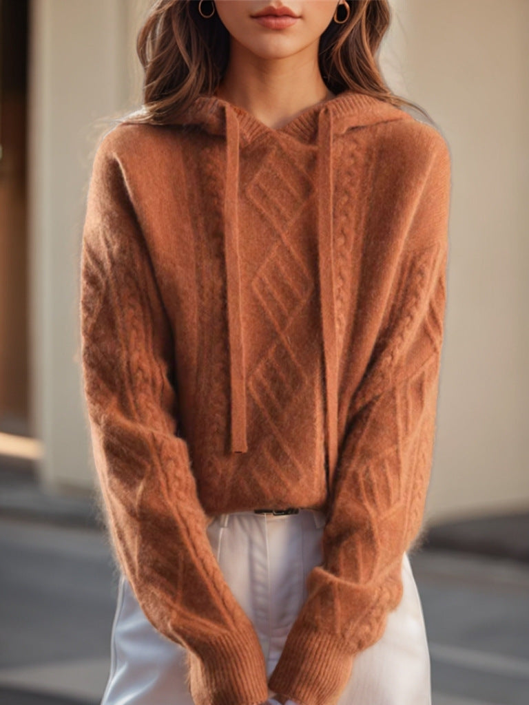 Damen nan kuscheliger Kapuzenpullover aus Kaschmirmischung mit Zopfmuster und Oversize-Schnitt EB