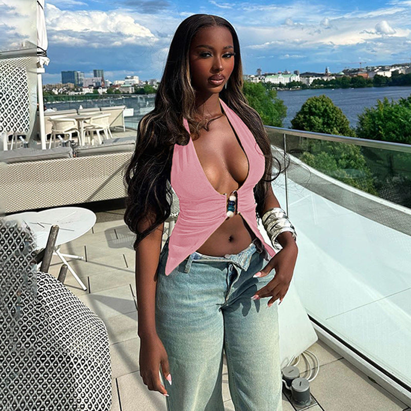 Damen Haltertop mit eleganter Raffung und dekorativen Perlen EB
