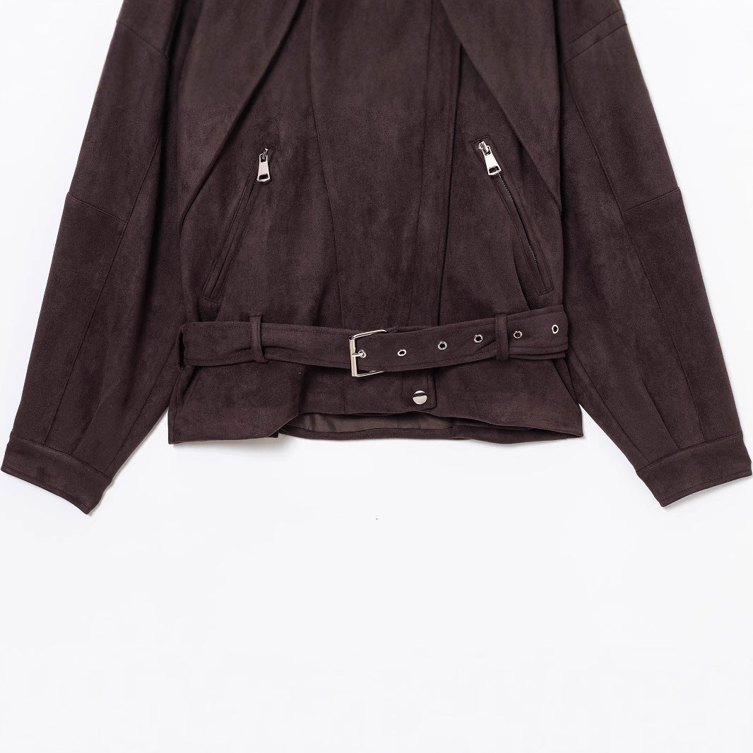 Damen stilvolle Suedejacke mit verstellbarem Gürtel und praktischen Reißverschlüssen EB