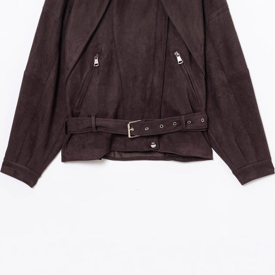 Damen stilvolle Suedejacke mit verstellbarem Gürtel und praktischen Reißverschlüssen EB