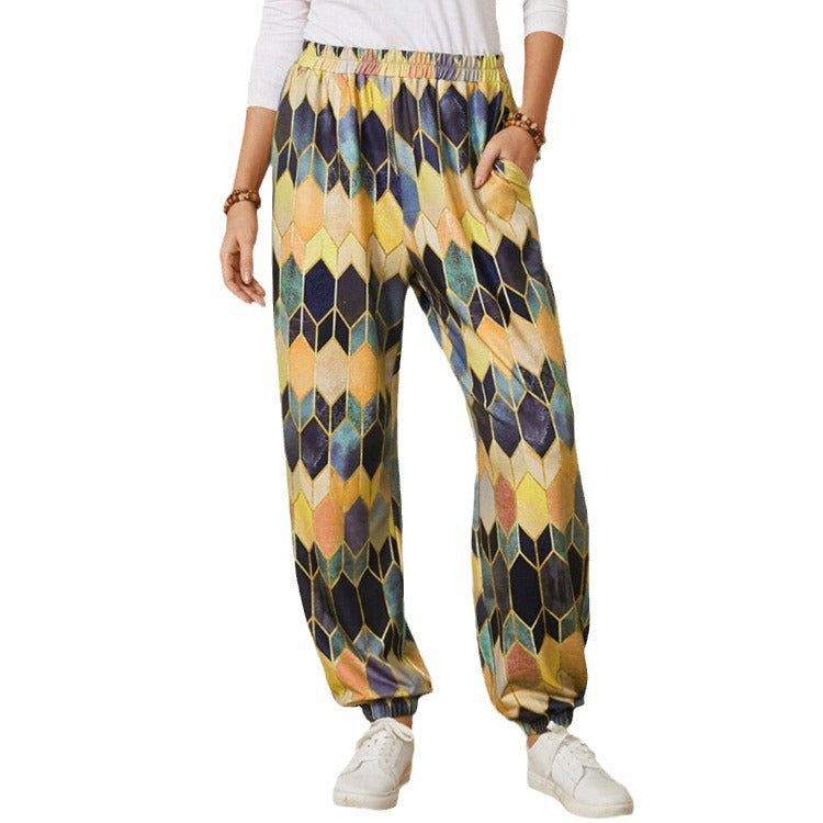 Damen Freizeithose mit modernem geometrischem Muster und elastischem Bund EB