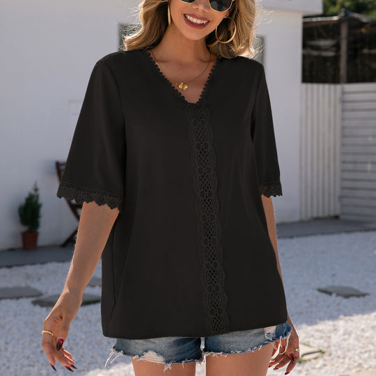Damen elegante Bluse mit Spitzenbesatz und V-Ausschnitt EB