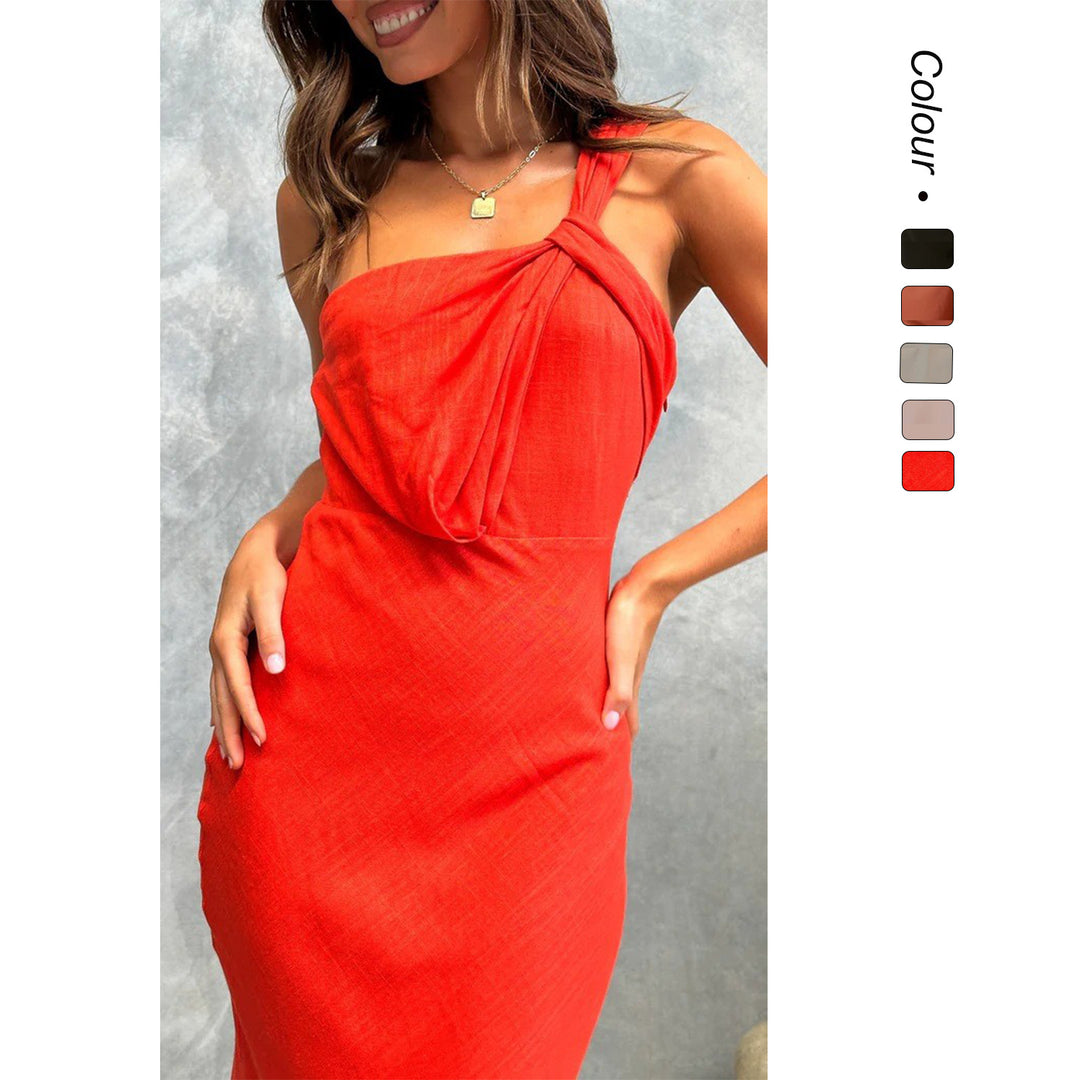 Damen Elegantes Langes Kleid mit asymmetrischem Träger und stilvollem Drapierungsdetail EB
