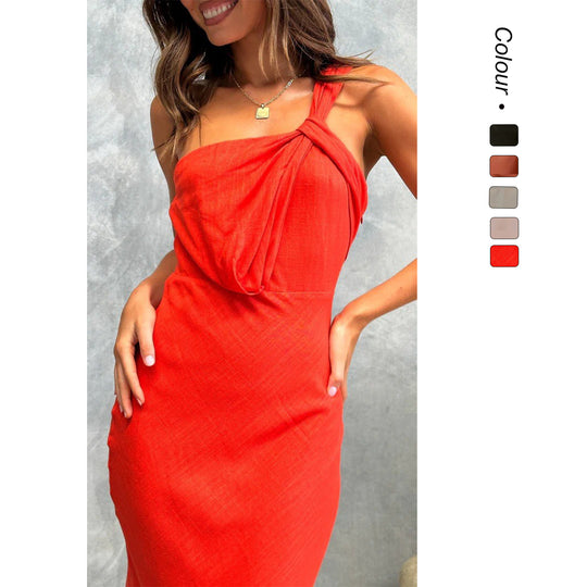 Damen Elegantes Langes Kleid mit asymmetrischem Träger und stilvollem Drapierungsdetail EB