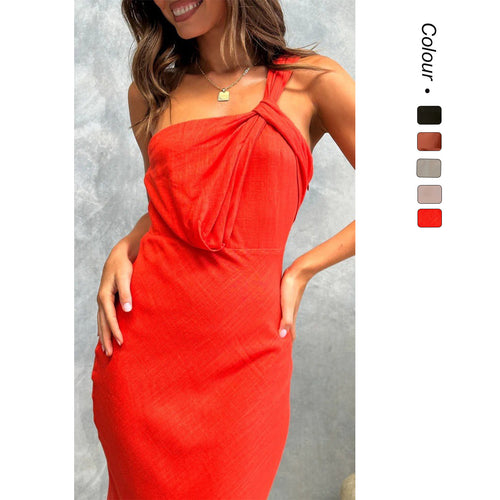 Damen Elegantes Langes Kleid mit asymmetrischem Träger und stilvollem Drapierungsdetail EB