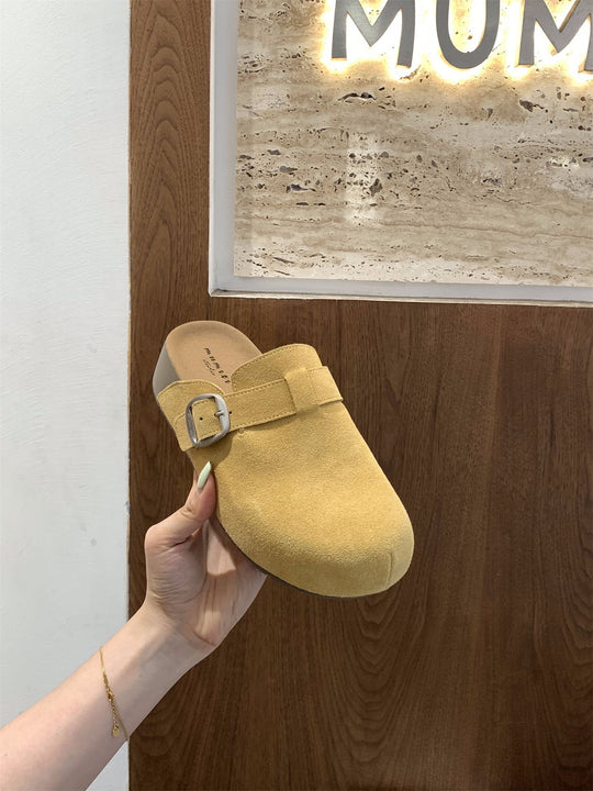 Damen bequeme Clogs mit dekorativem Schnallenverschluss und hochwertigem Veloursleder EB