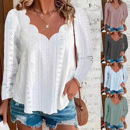 Damen luftiges Blusenshirt mit modernen Lochmuster und elegantem Ausschnitt EB