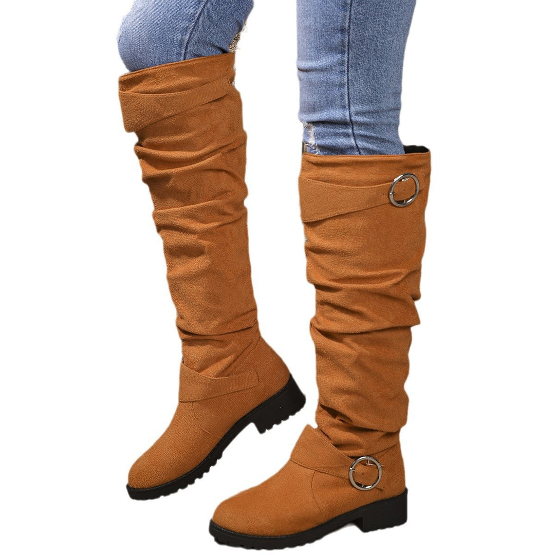 Damen modische Overkneestiefel mit lässigem Falten-Look und robustem Profil EB