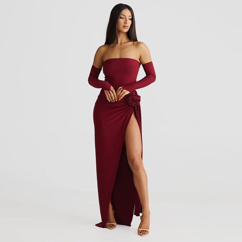 Damen Elegantes Schulterfreies Abendkleid mit Raffung und hohem Schlitz EB