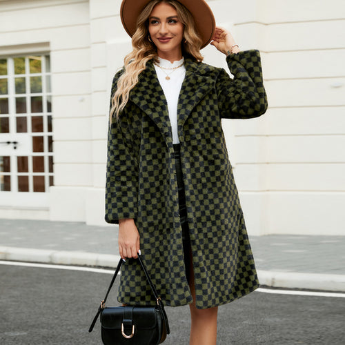 Damen Modischer Plüschmantel mit Karomuster und Revers EB