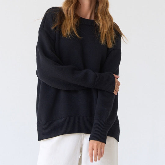 Damen Oversized Pullover mit feinem Strickmuster und breiten Bündchen EB