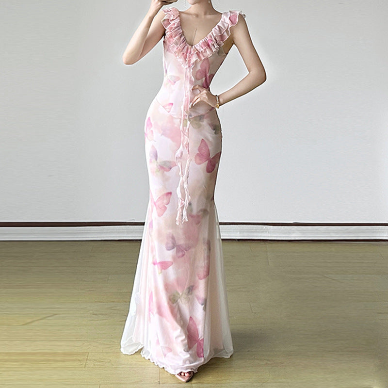 Damen Maxikleid aus transparentem Chiffon mit Rüschendetails und floralem Design EB