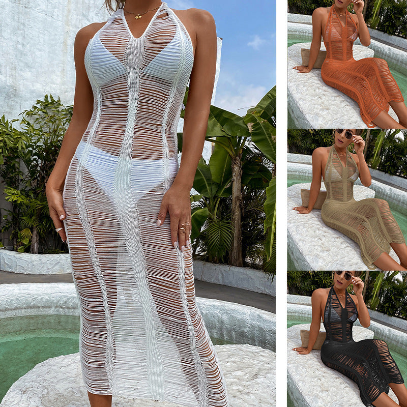 Damen Häkel-Strandkleid mit fransigen Elementen und hoher Taille EB