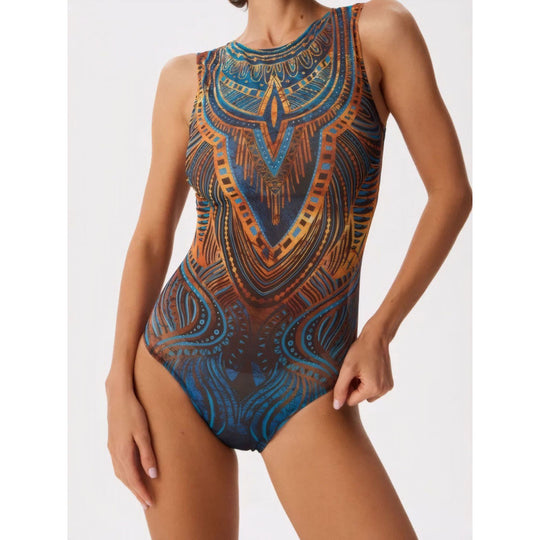 Damen Sportbadeanzug mit modernem Grafikdesign und hohem Neck EB