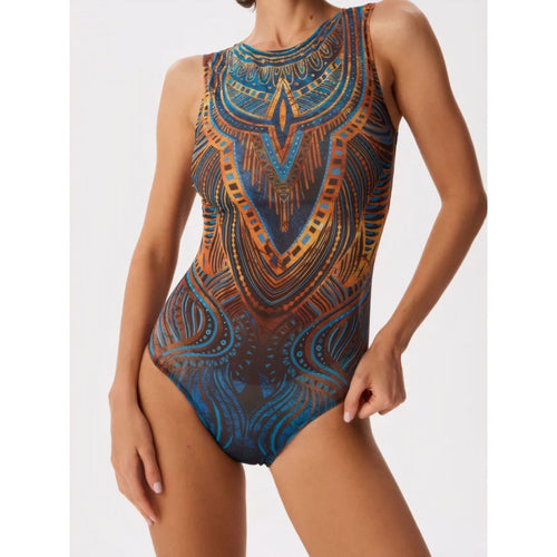 Damen Sportbadeanzug mit modernem Grafikdesign und hohem Neck EB