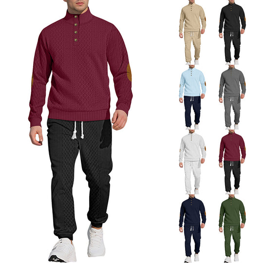 Herren nan strukturiertes Strick-Freizeitset mit Halbknopf-Stehkragen Wildleder-Ellbogenpatches und Kordelbund-Jogger EB