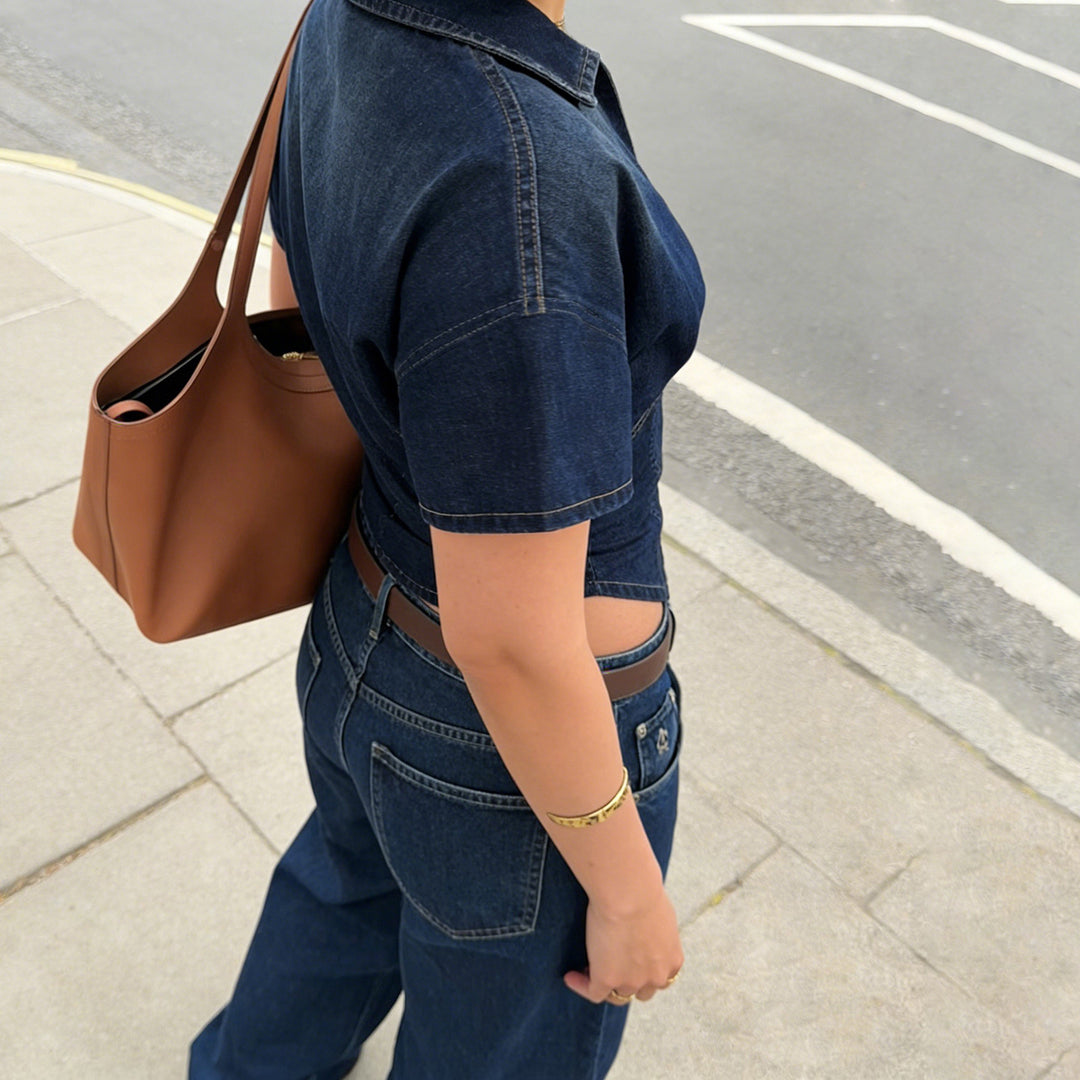 Damen Kurzarm Denim-Jacke mit teilbarem Reißverschluss und modischem Schnitt EB