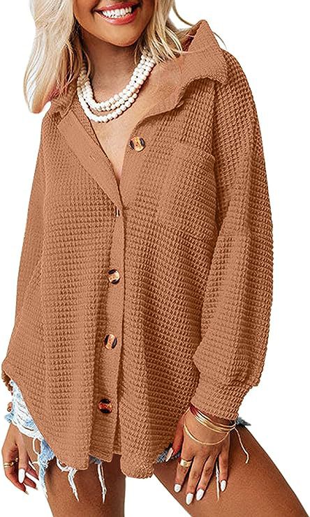 Damen lässige Waffle-Hemdenjacke mit Knopfverschluss EB