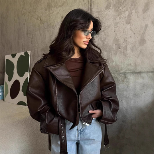 Damen elegante Kunstlederjacke mit Gürtel und übergroßen Ärmeln EB