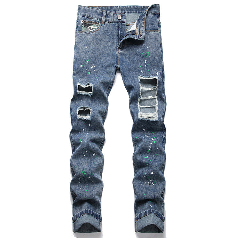 Herren Ripped Denim-Jeans mit kreativen Farbklecksen und lässigem Schnitt EB