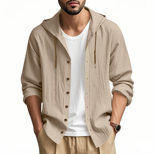 Herren nan leichtes Kapuzenhemdjacke aus Leinenoptik mit durchgehender Knopfleiste EB