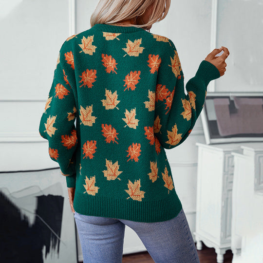 Damen Strickpullover mit strukturiertem Blättermotiv und Rundhalsausschnitt EB