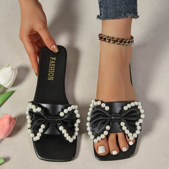 Damen Flauscher Slides mit eleganter Schleifen- und Perlenverzierung EB