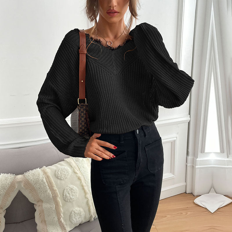 Damen lässiges Strickoberteil mit modischem V-Ausschnitt und detailreicher Textur EB