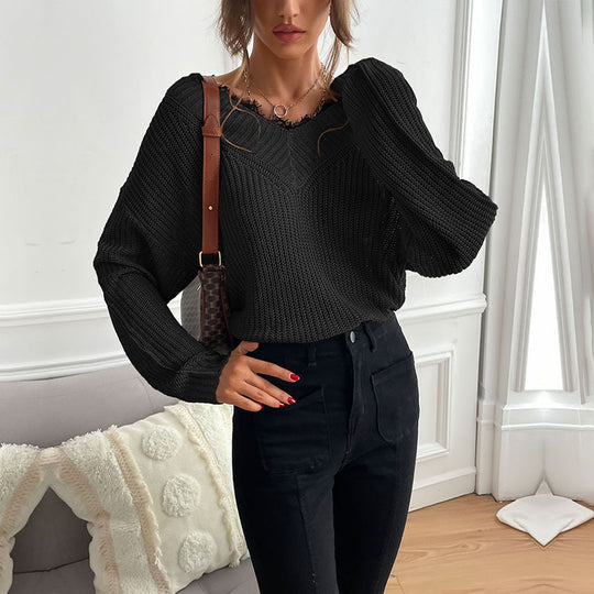 Damen lässiges Strickoberteil mit modischem V-Ausschnitt und detailreicher Textur EB
