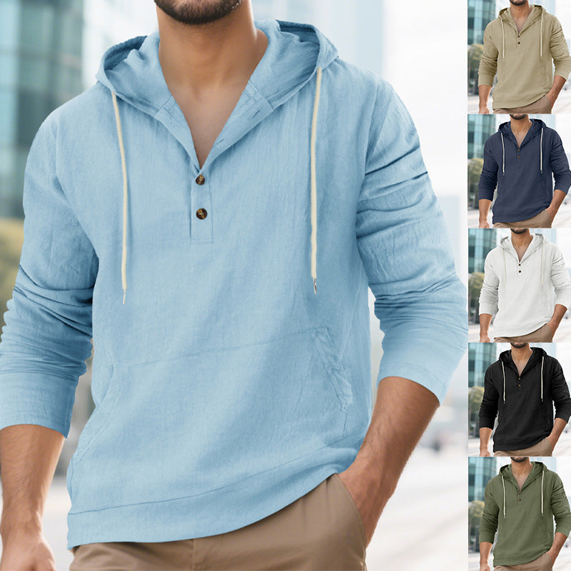 Herren nan Leinenoptik Henley-Kapuzenpullover mit Knopfleiste und Kängurutasche EB