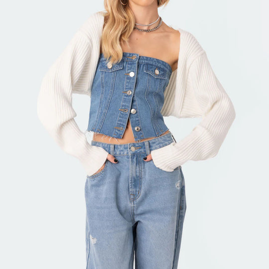 Damen Denim-Crop-Top mit gestricktem Überwurf EB