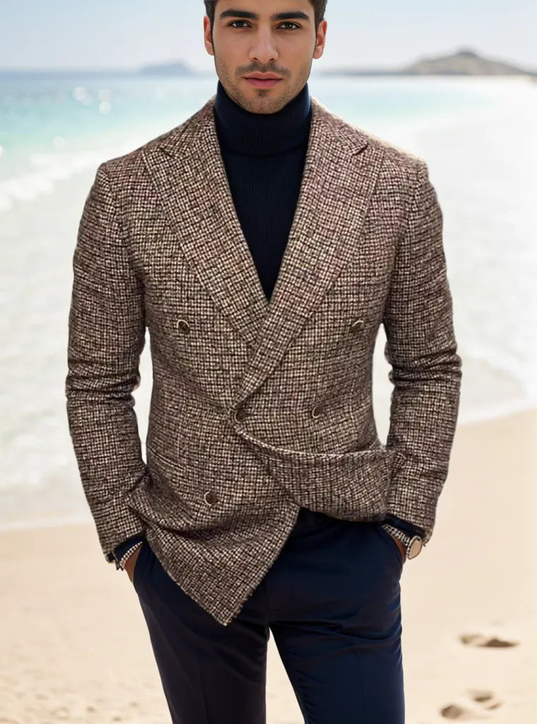 Herren nan zweireihiger strukturierter Wollmix-Blazer mit Peak-Revers und tailliertem Schnitt EB