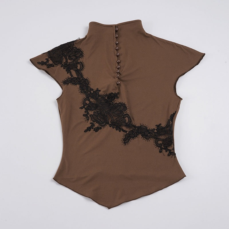 Damen Elegantes Spitzenoberteil mit modischem Kragen und raffinierten Knopfdetails EB