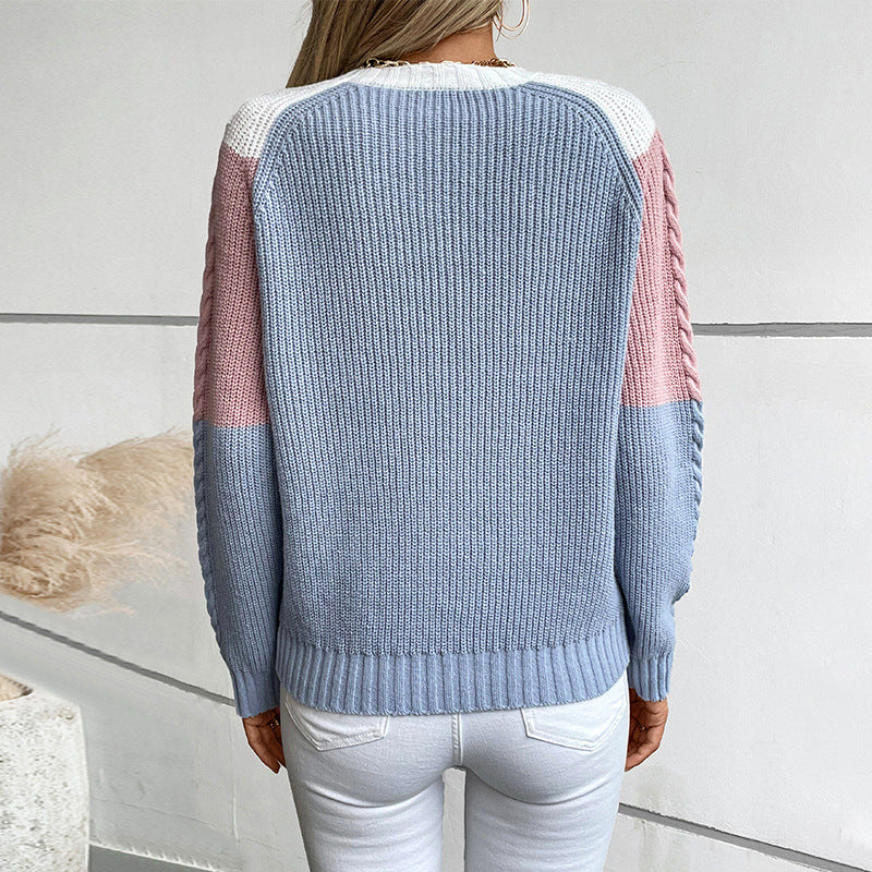 Damen modischer Strickpullover mit geometrischem Muster und Zopfrippen EB