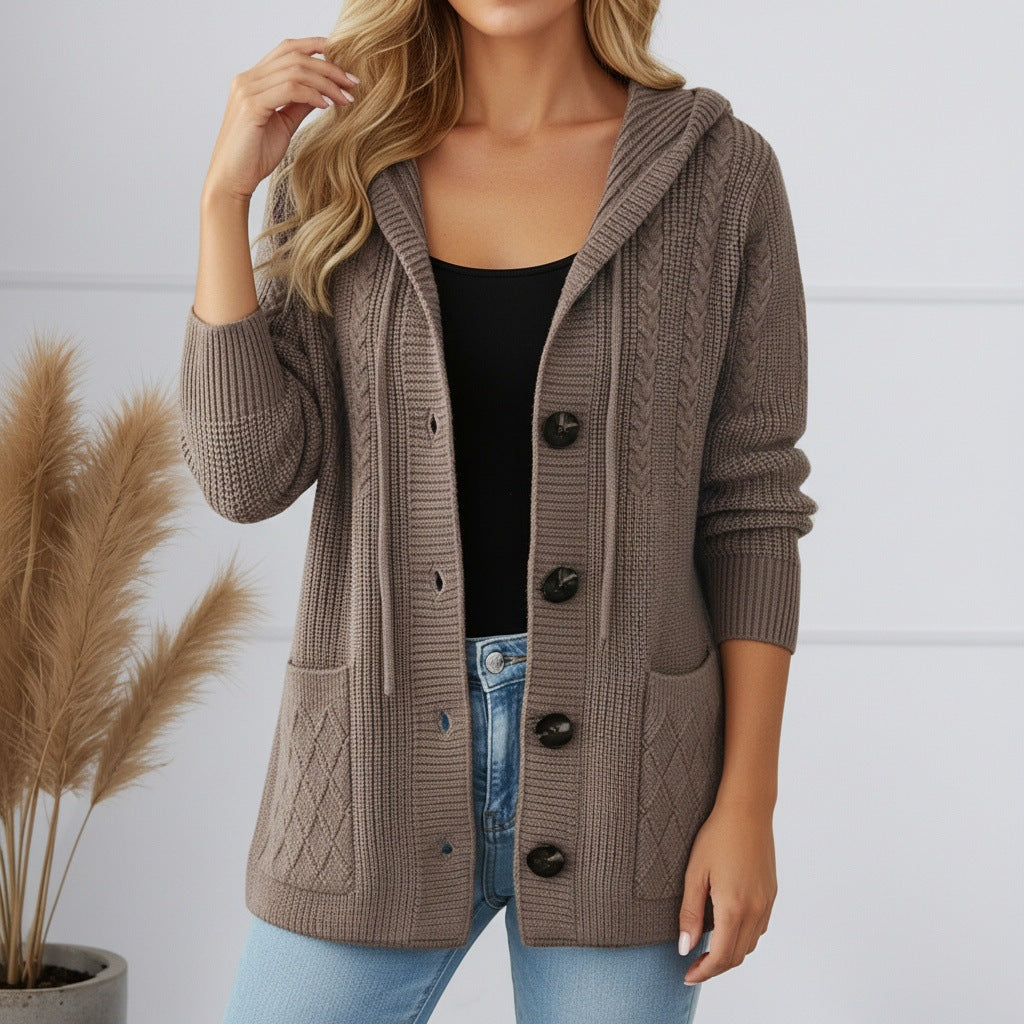 Damen nan gerippter Kapuzen-Strickcardigan mit Zopfmuster, großen Holzknöpfen und aufgesetzten Taschen EB