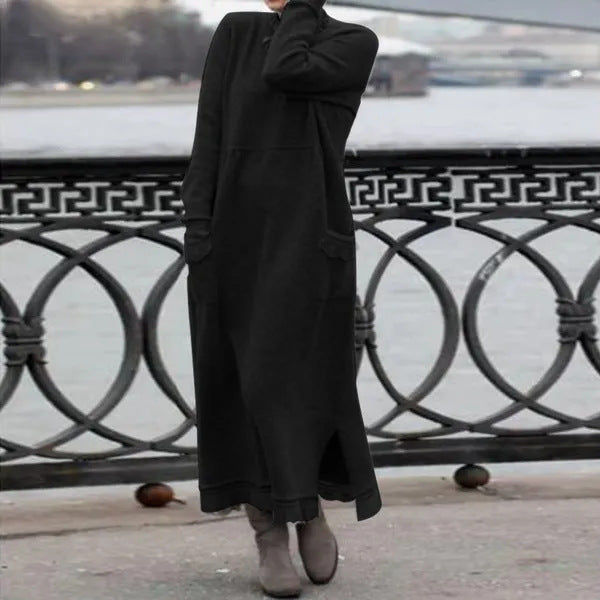Damen nan langes Strickmaxikleid mit Seitenschlitzen und aufgesetzten Taschen EB
