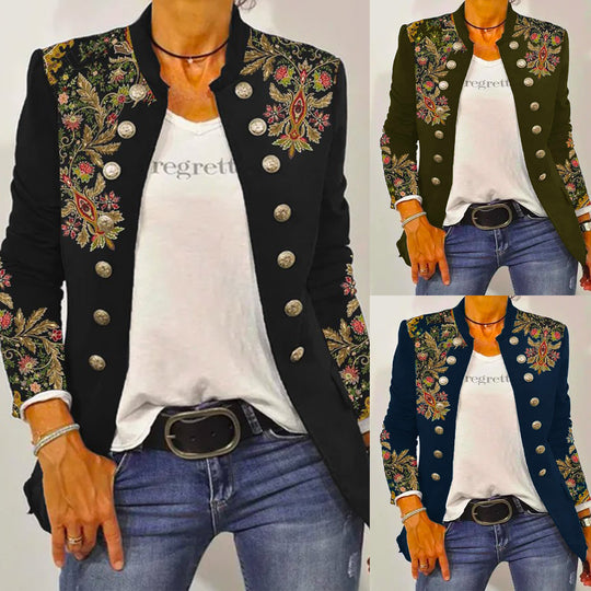 Damen Elegante Blazerjacke mit floralem Stickdesign und kontrastierenden Knöpfen EB