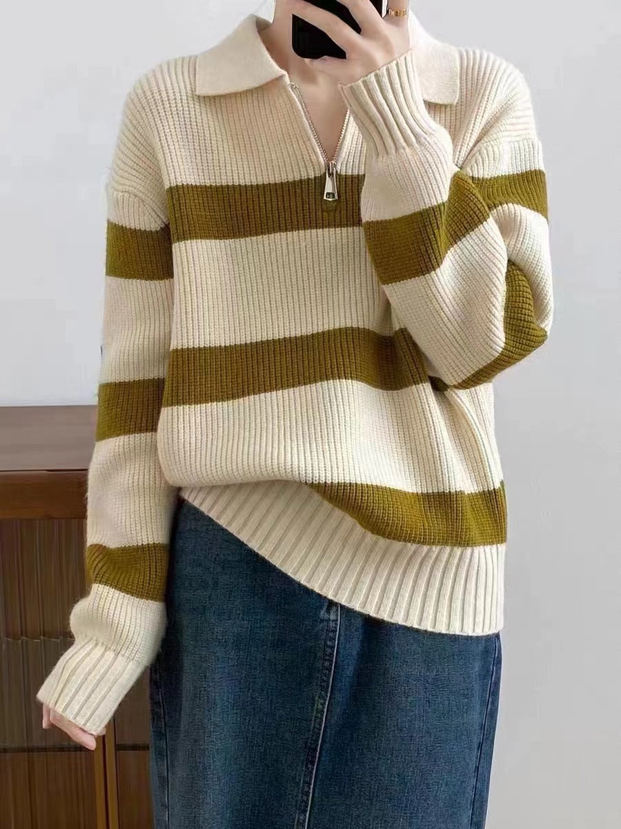 Damen Grob gestrickter Pullover mit modernem Streifenmuster und V-Ausschnitt EB