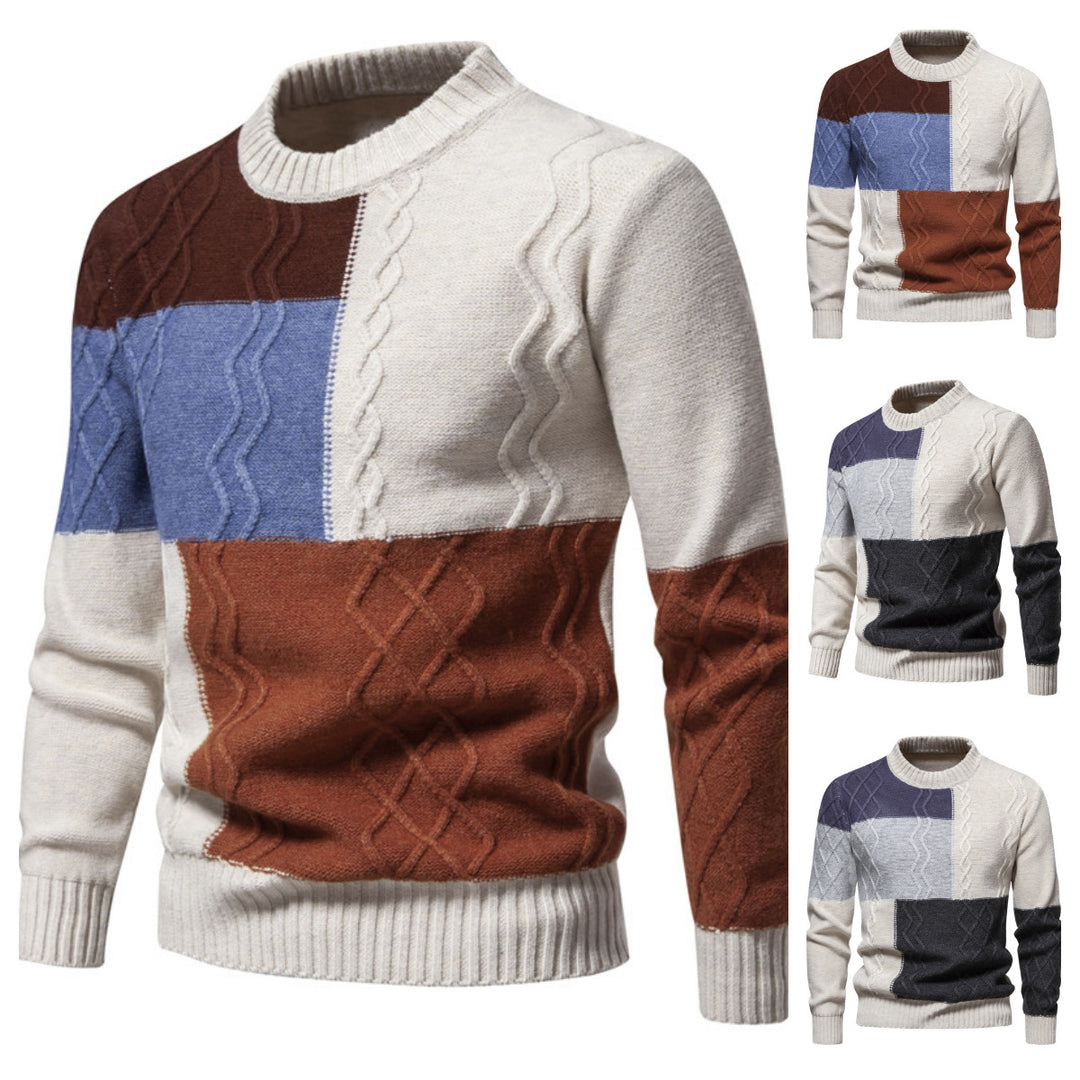 Herren Strickpullover mit modernem Zopfmuster und buntem Blockdesign EB
