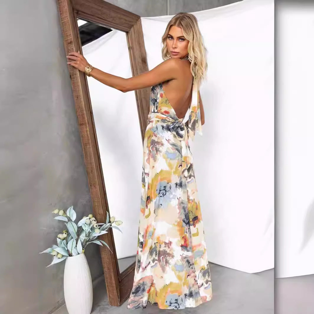 Damen Maxikleid mit tiefem V-Ausschnitt und elegantem Bindegürtel EB